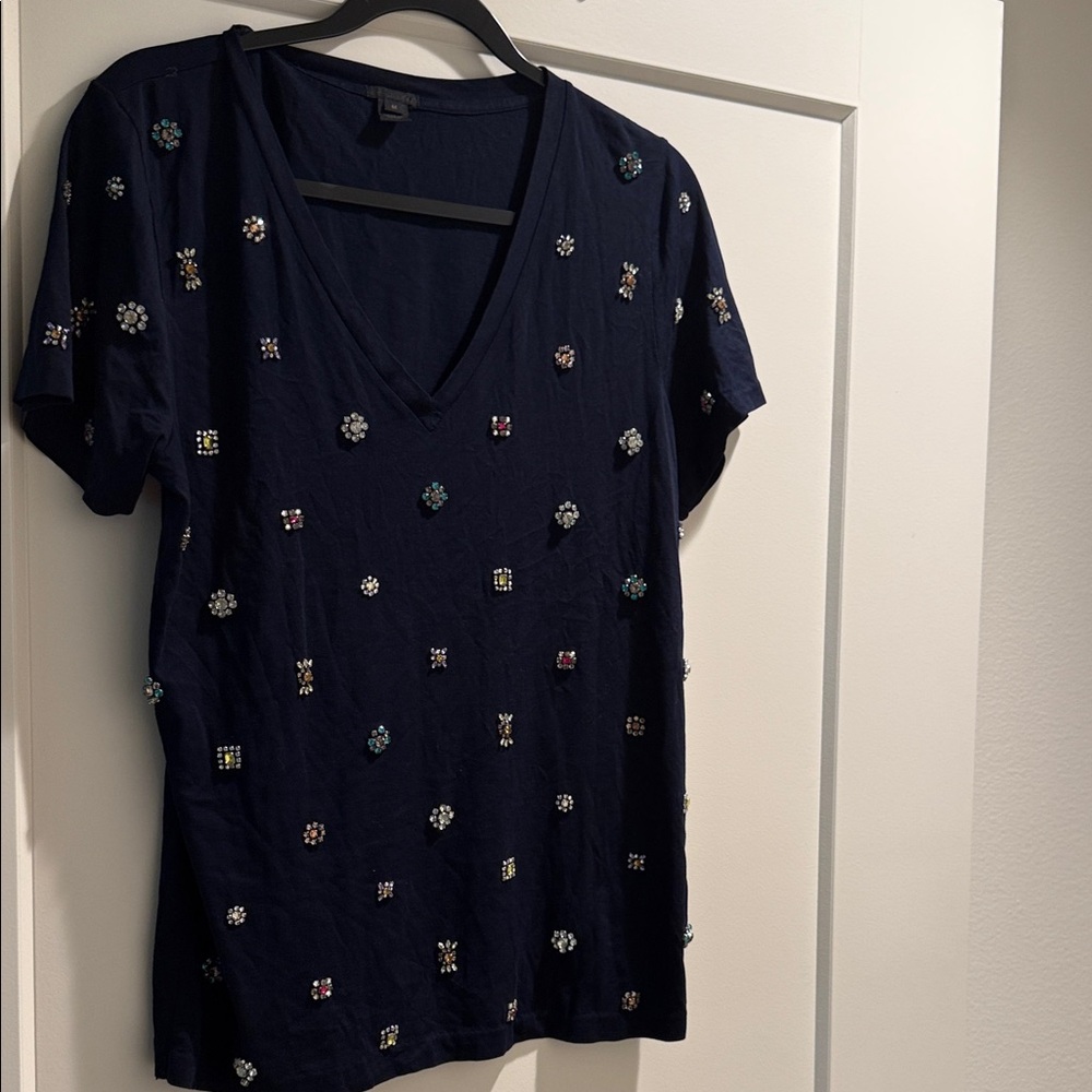 J. Crew Navy Embellished Short Sleeve Tee